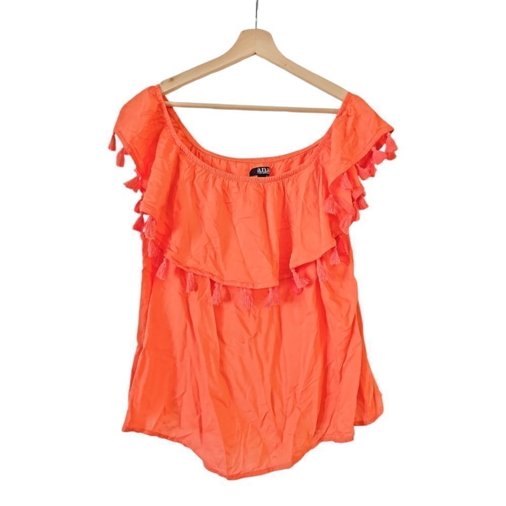 a.n.a Orange Off-Shoulder Tassel Trim Blouse